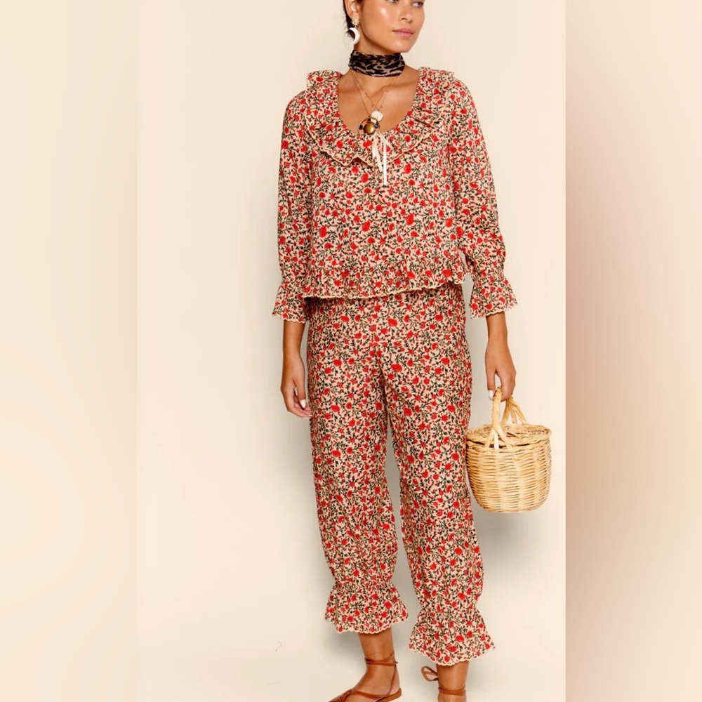RIXO Bobbie Cotton Co-ord Ditsy Trail Cream Red Floral Ruffle Elastic Waist Pant - Picture 8 of 8